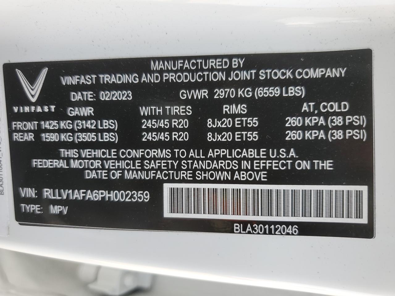 2023 VINFAST TRADING AND PRODUCTION LLC VF 8 PLUS VIN:RLLV1AFA6PH002359