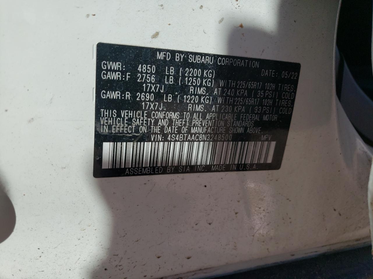 2022 SUBARU OUTBACK VIN:4S4BTAAC8N3248500