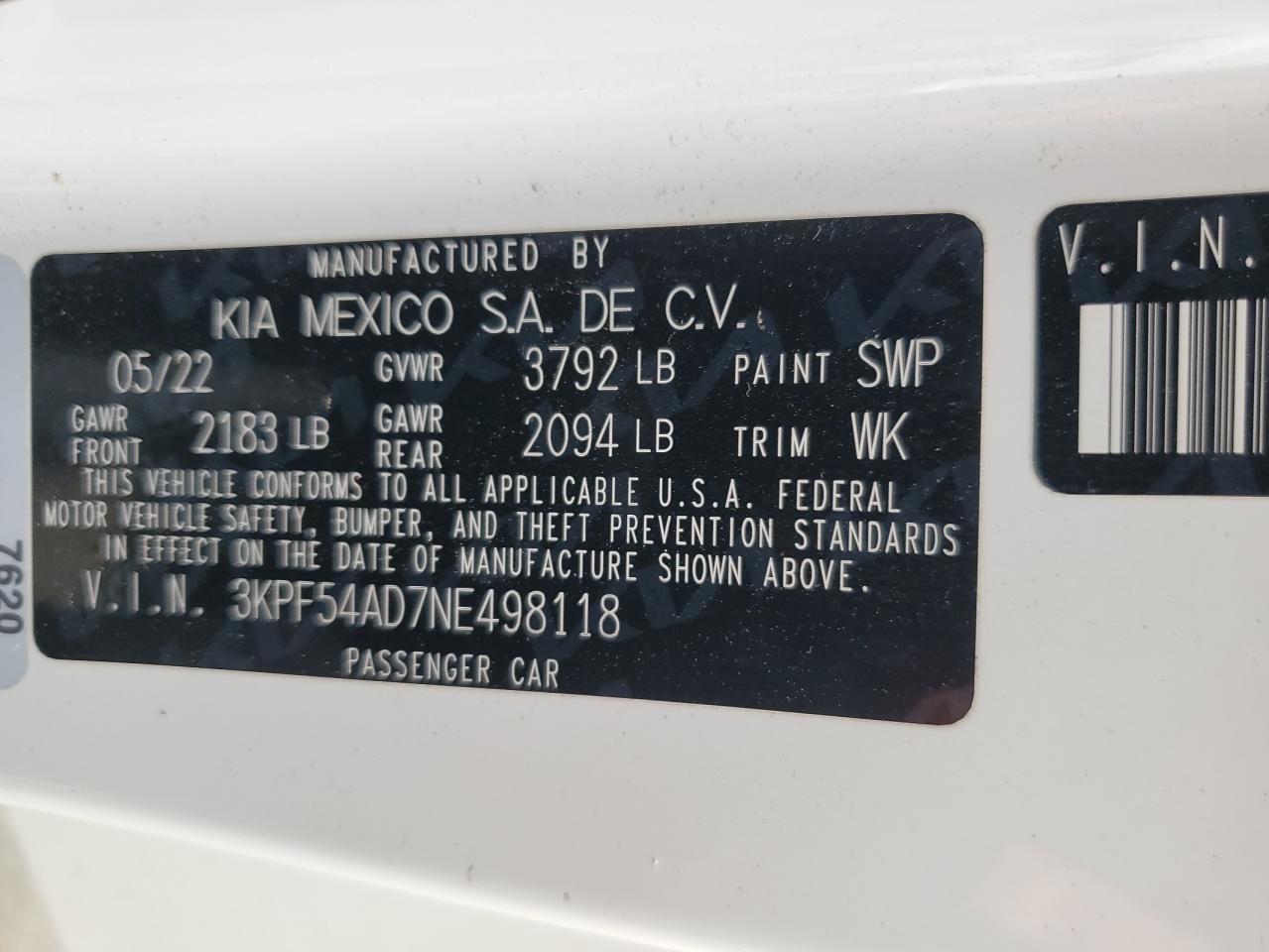 2022 KIA FORTE GT LINE VIN:3KPF54AD7NE498118