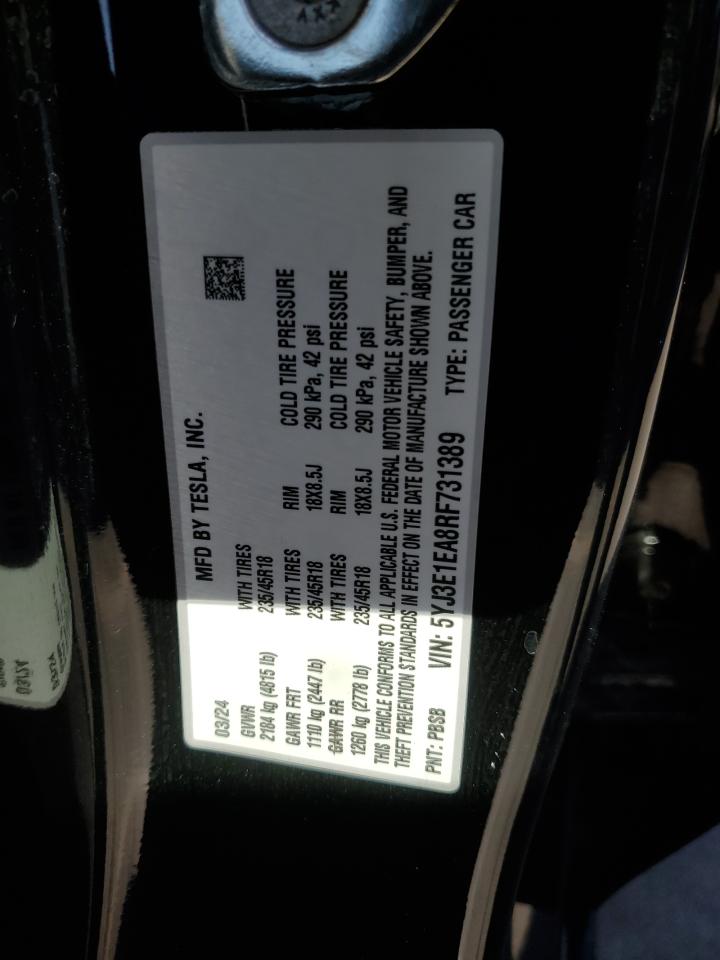 2024 TESLA MODEL 3 VIN:5YJ3E1EA8RF731389