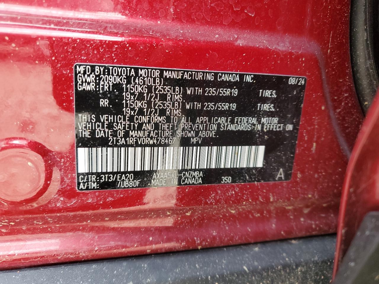 2024 TOYOTA RAV4 XLE PREMIUM VIN:2T3A1RFV0RW478467