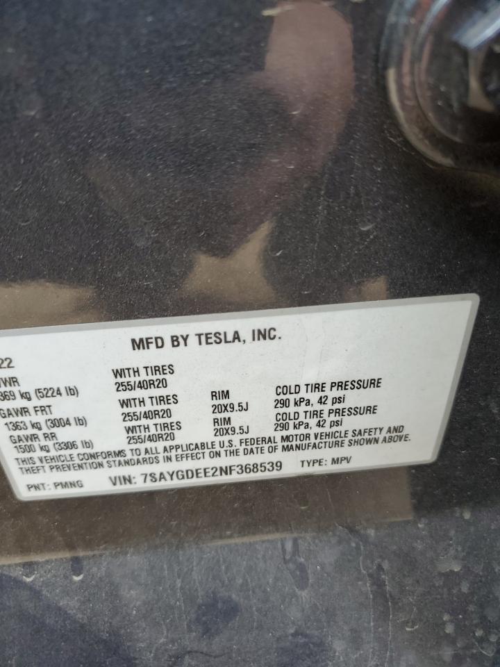 2022 TESLA MODEL Y VIN:7SAYGDEE2NF368539