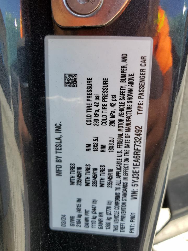 2024 TESLA MODEL 3 VIN:5YJ3E1EA6RF732492
