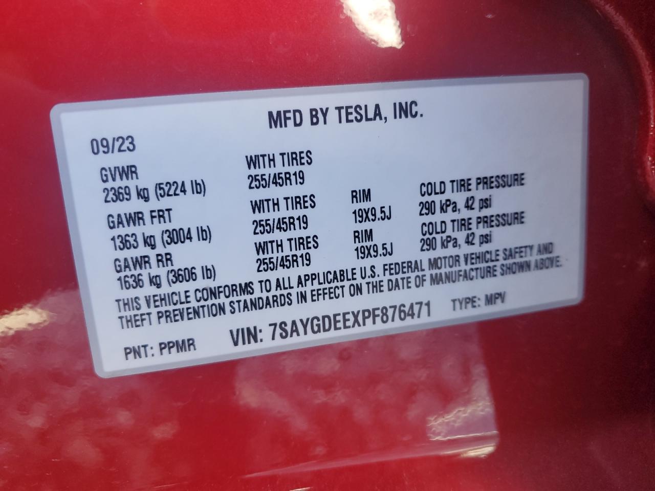 2023 TESLA MODEL Y VIN:WP0AA2A8XNS255297