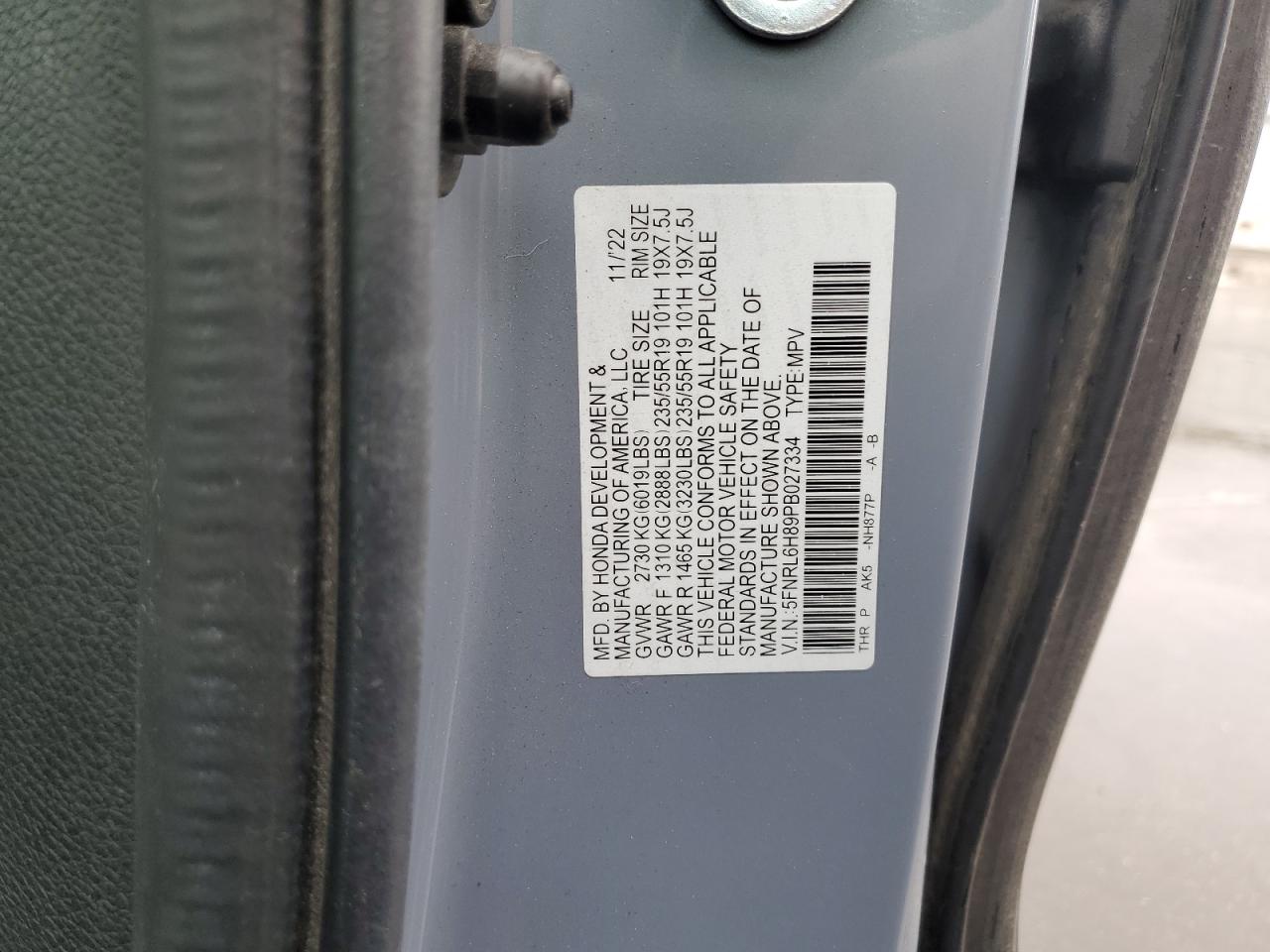 2023 HONDA ODYSSEY TOURING VIN:5FNRL6H89PB027334