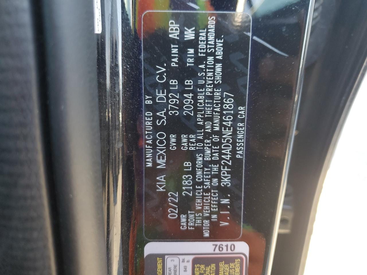 2022 KIA FORTE FE VIN:3KPF24AD5NE461867
