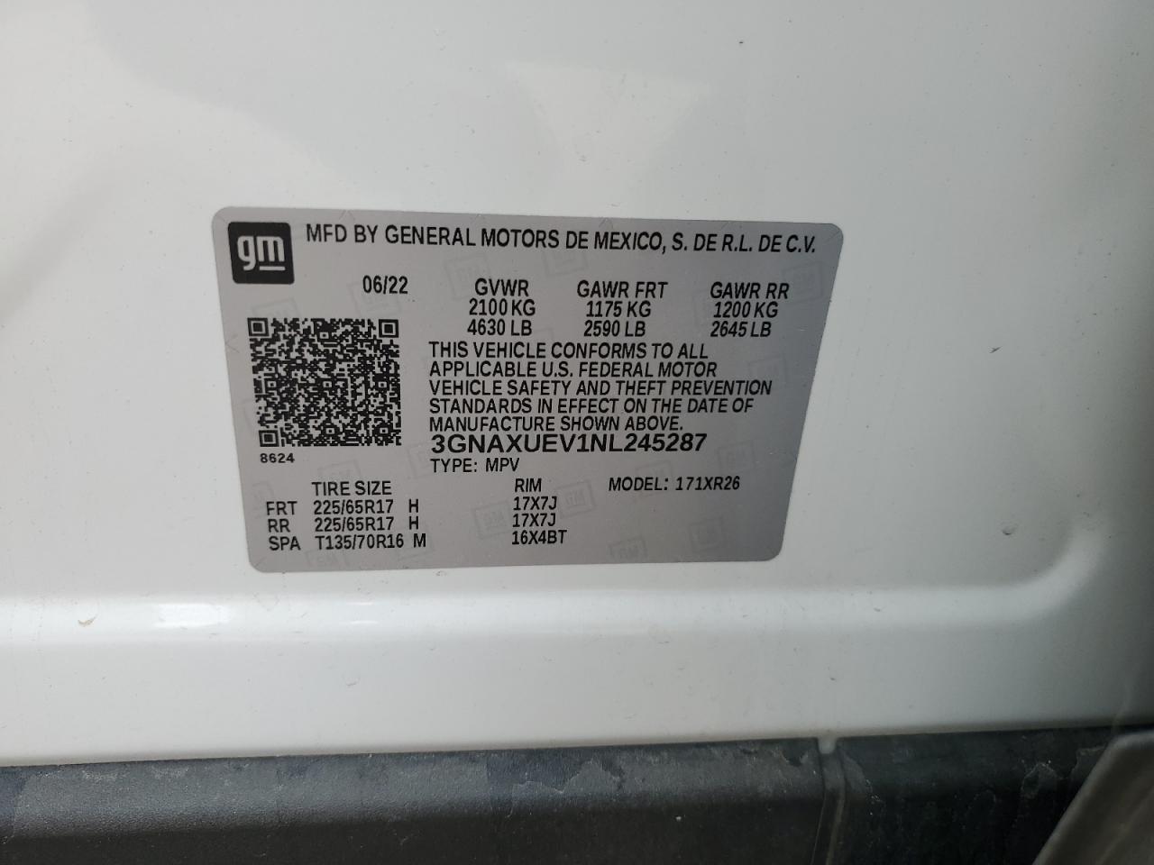 2022 CHEVROLET EQUINOX LT VIN:3GNAXUEV1NL245287