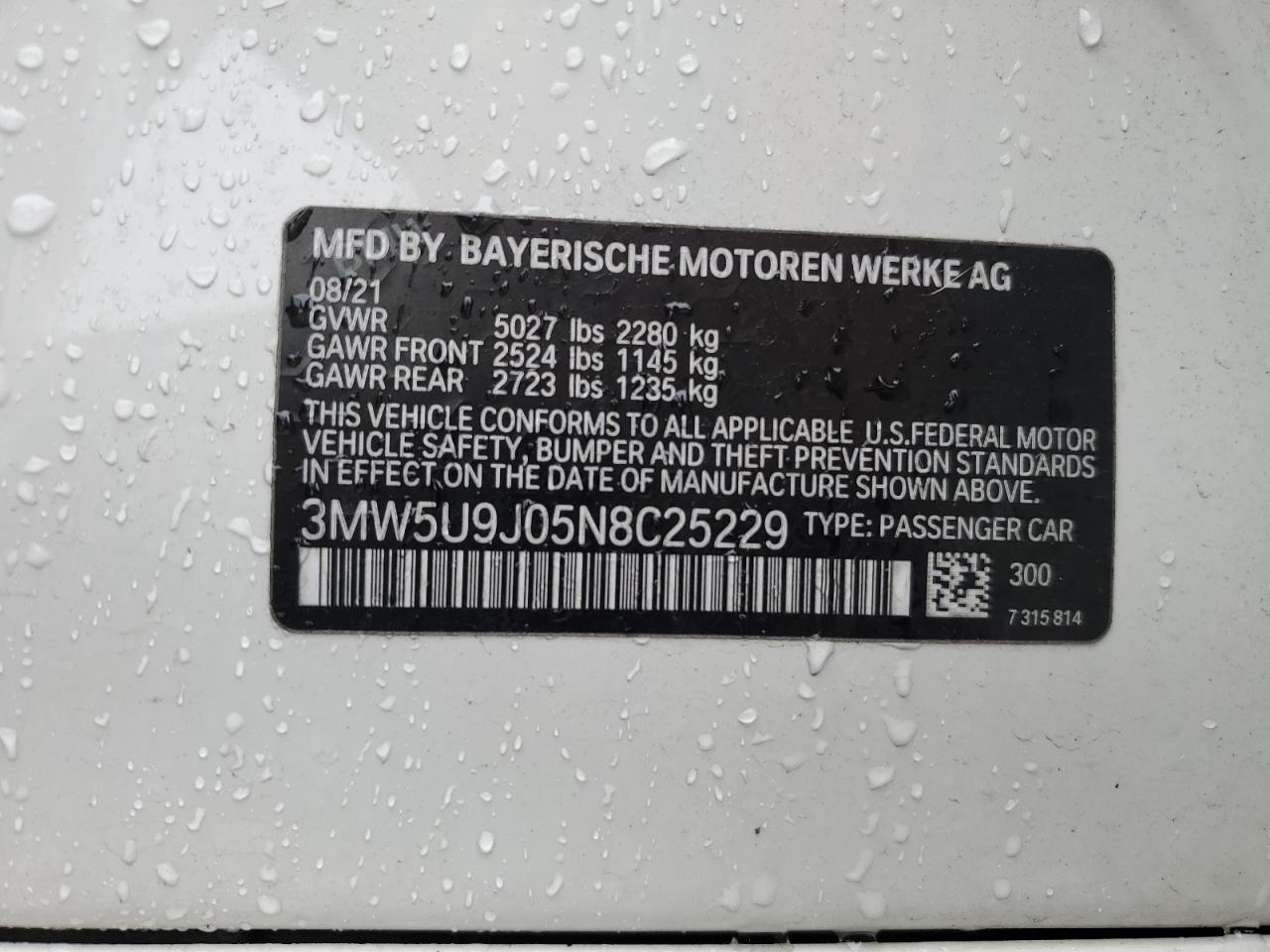 2022 BMW M340XI VIN:3MW5U9J05N8C25229