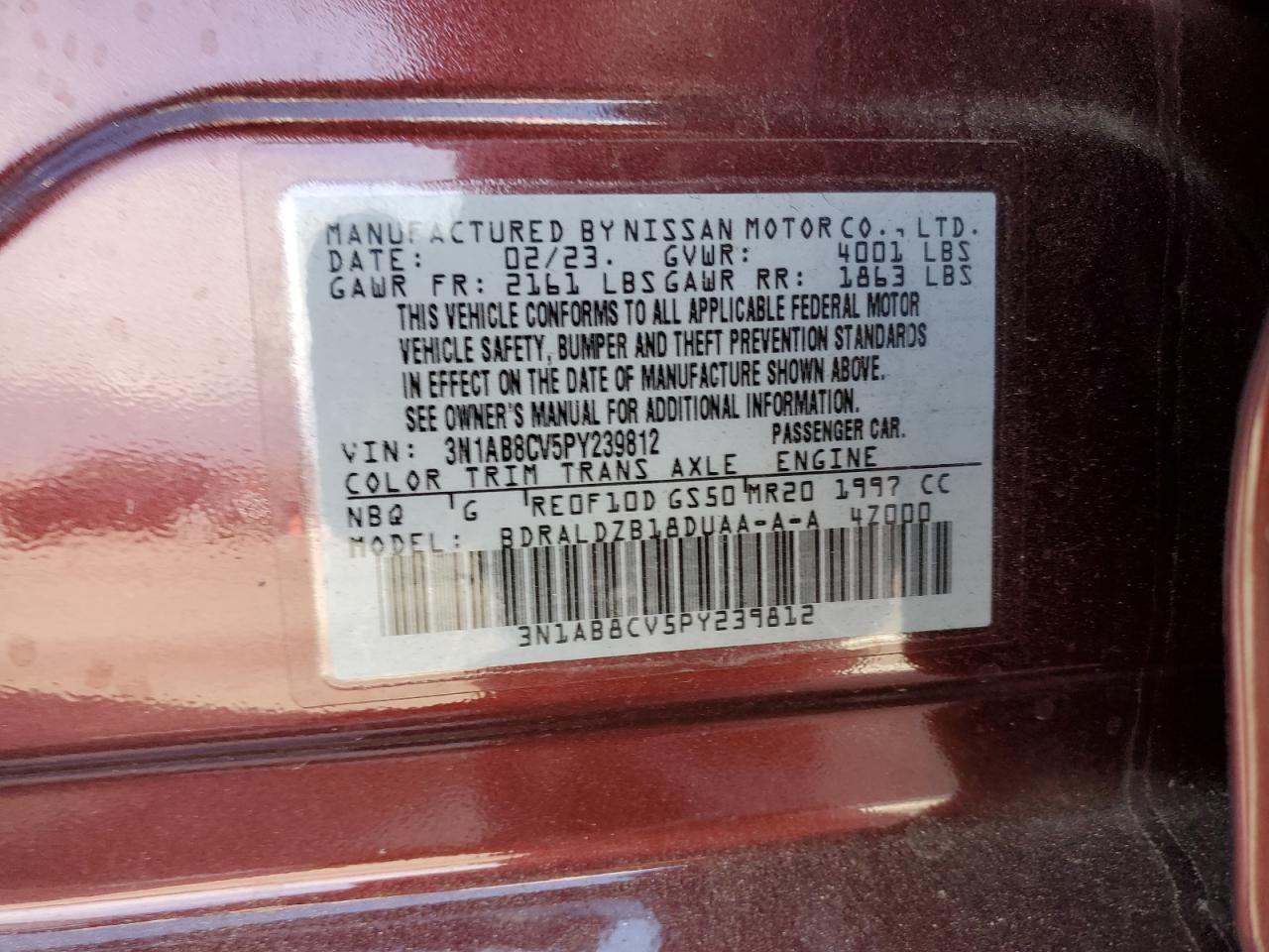2023 NISSAN SENTRA SV VIN:3N1AB8CV5PY239812