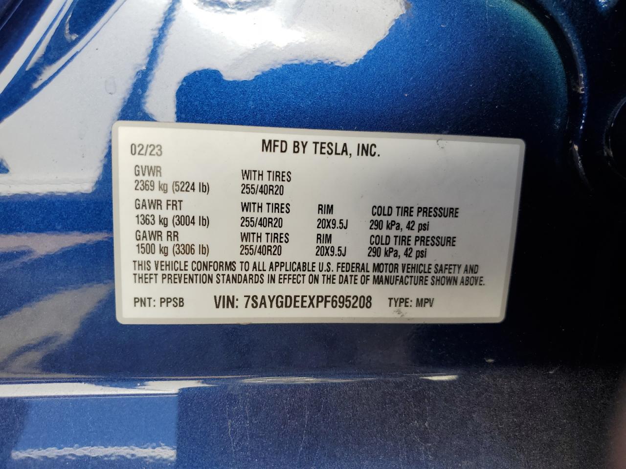 2023 TESLA MODEL Y VIN:7SAYGDEEXPF695208