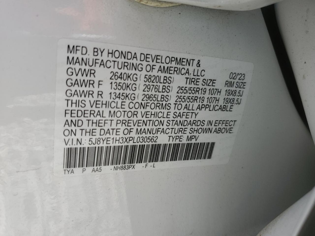 2023 ACURA MDX VIN:5J8YE1H3XPL030562