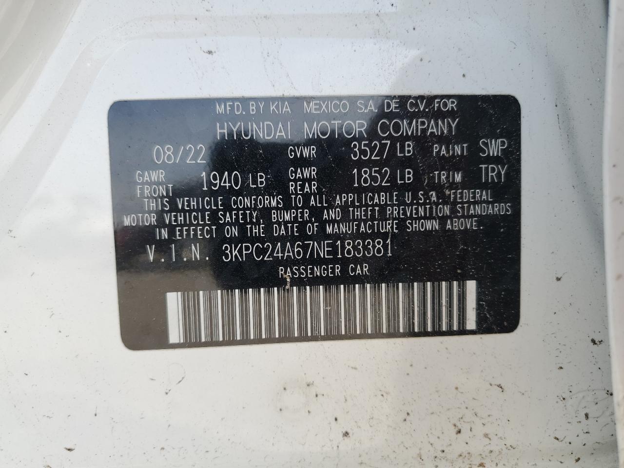 2022 HYUNDAI ACCENT SE VIN:3KPC24A67NE183381