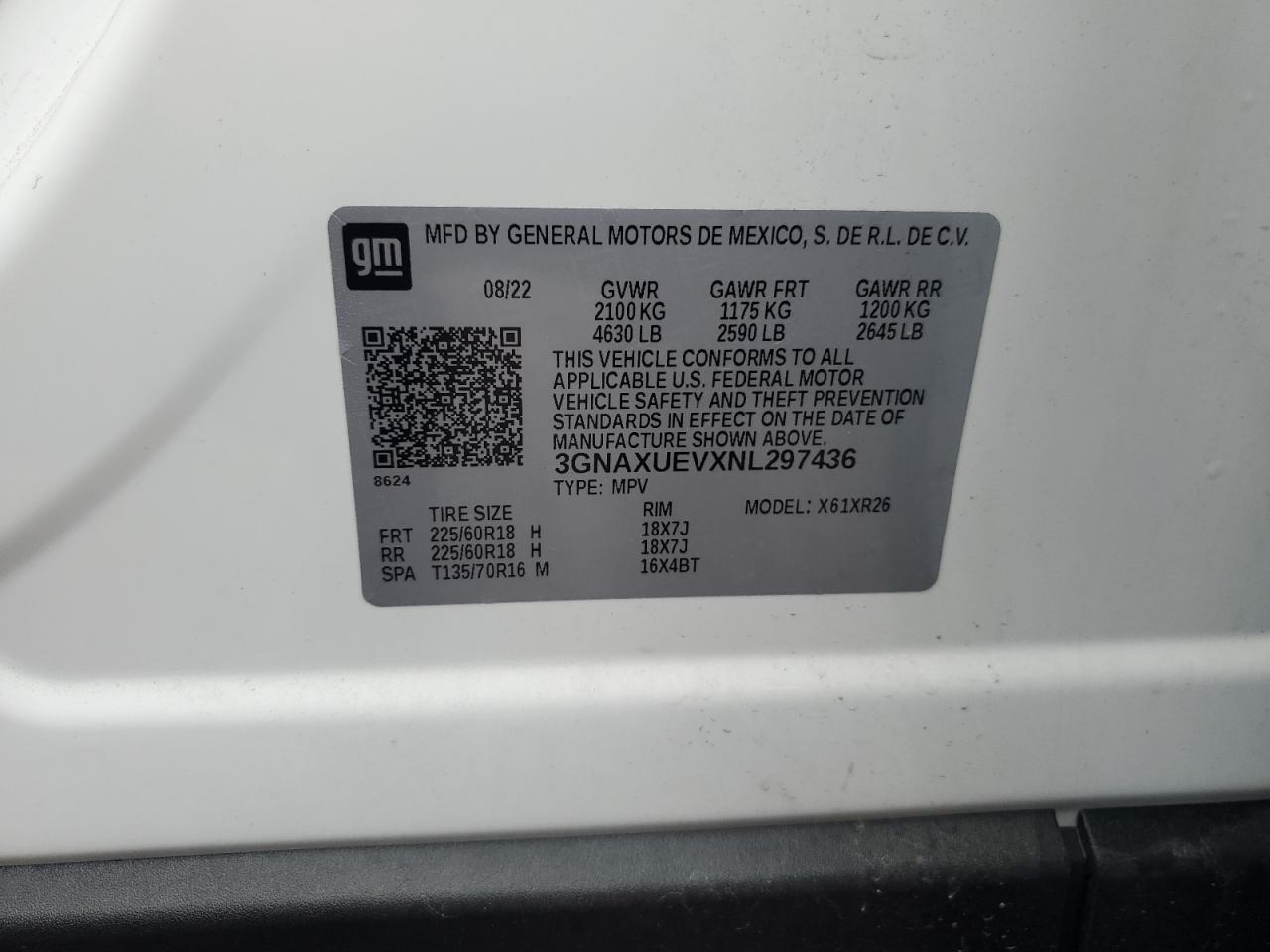 2022 CHEVROLET EQUINOX LT VIN:3GNAXUEVXNL297436