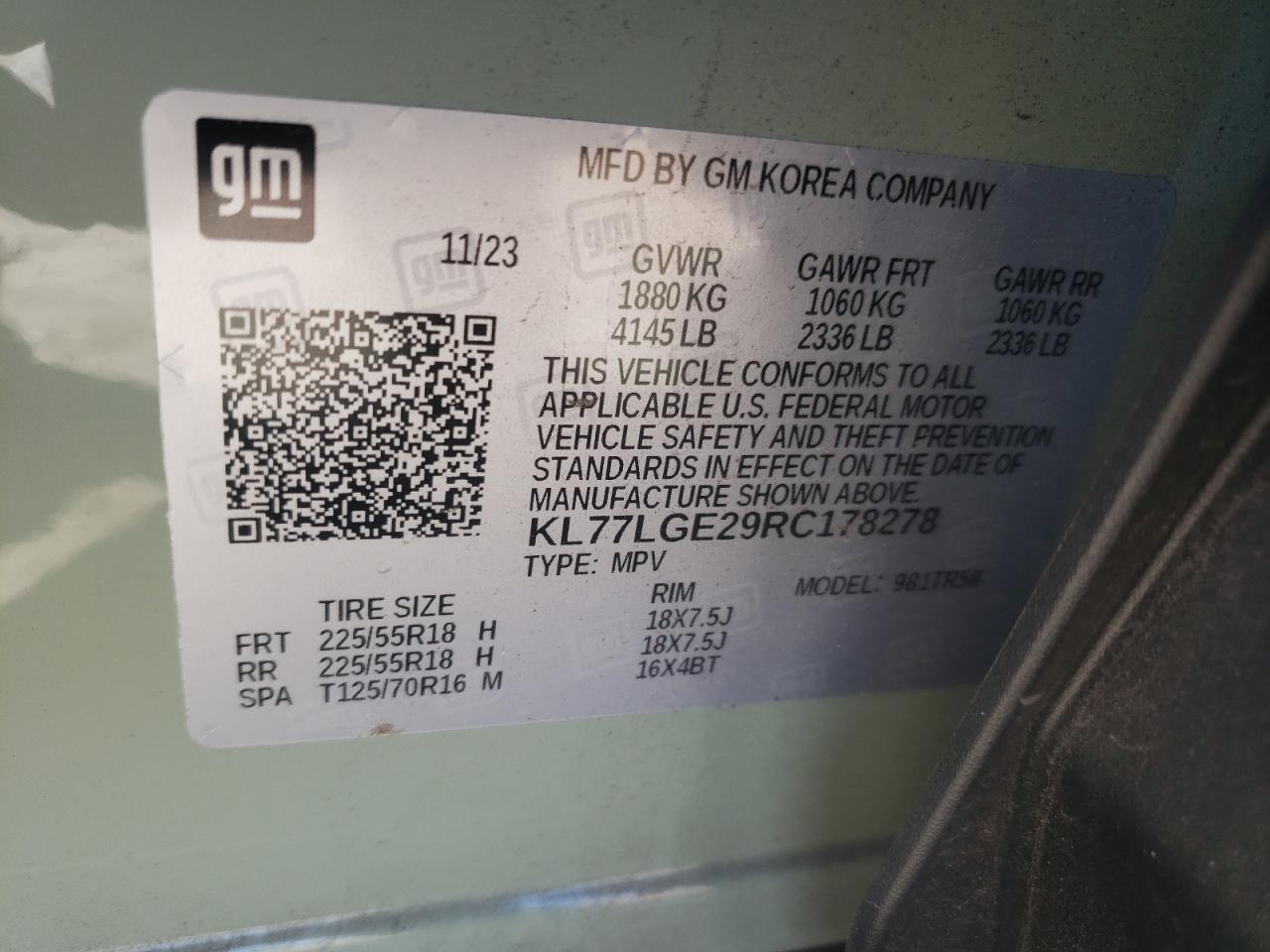 2024 CHEVROLET TRAX 1RS VIN:KL77LGE29RC178278