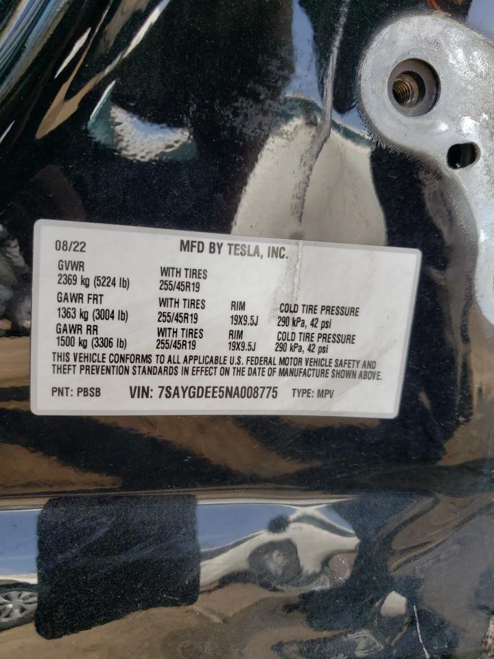 2022 TESLA MODEL Y VIN:7SAYGDEE5NA008775