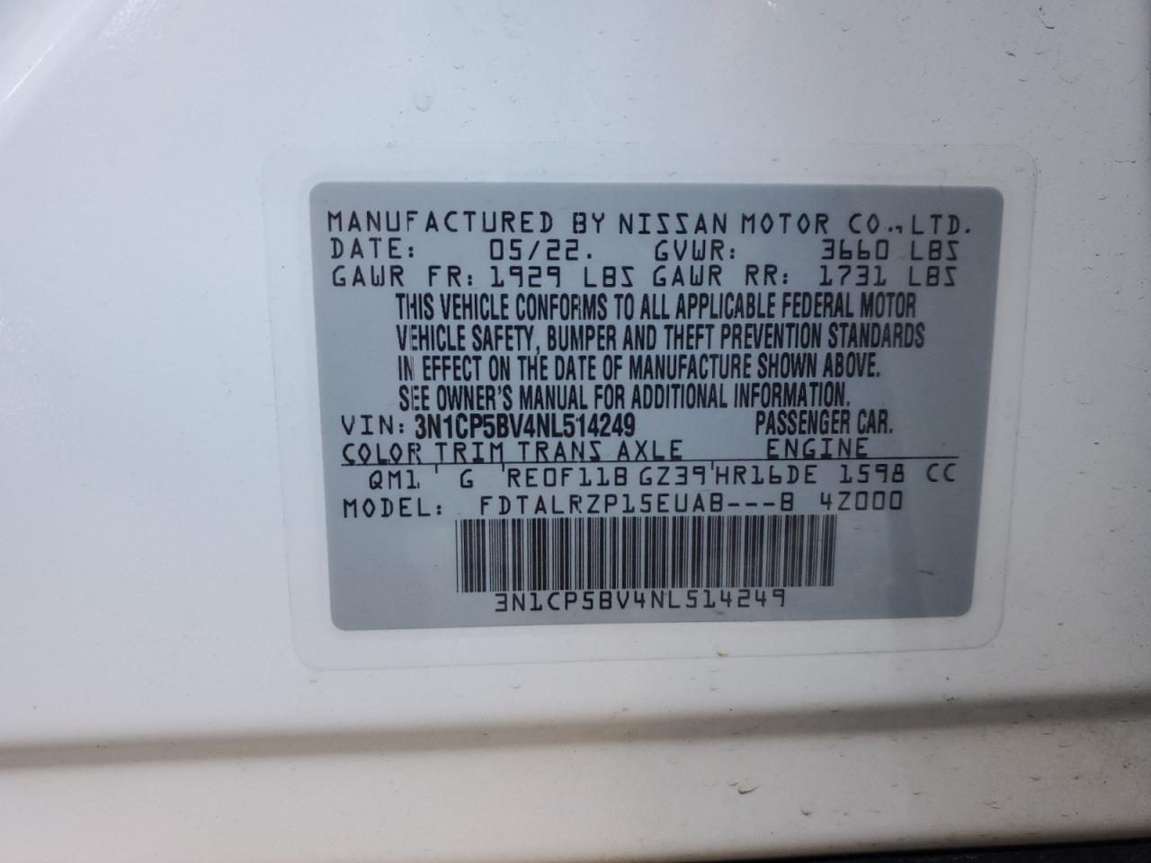 2022 NISSAN KICKS S VIN:3N1CP5BV4NL514249