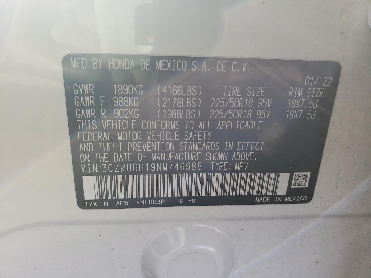 2022 HONDA HR-V SPORT VIN:3CZRU6H19NM746988
