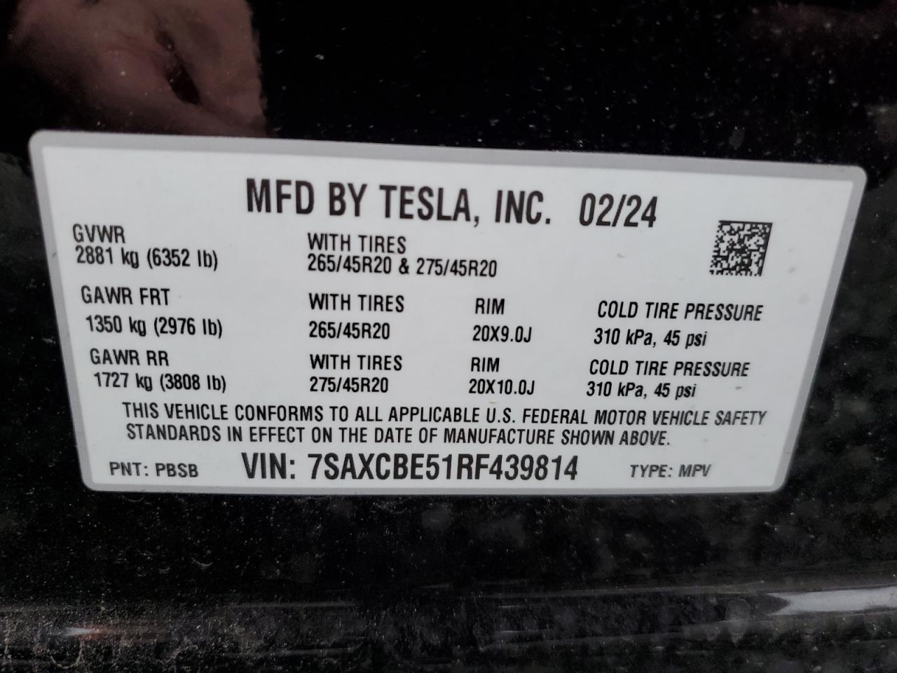 2024 TESLA MODEL X VIN:7SAXCBE51RF439814