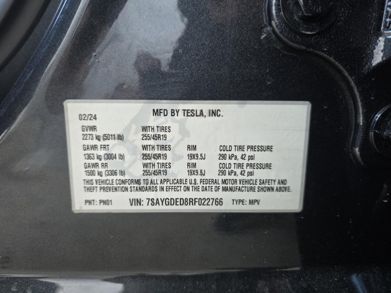 2024 TESLA MODEL Y VIN:7SAYGDED8RF022766