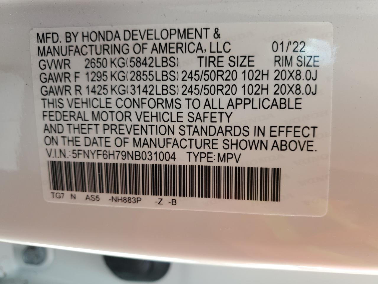 2022 HONDA PILOT BLACK VIN:5FNYF6H79NB031004