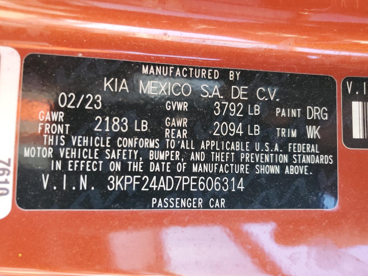 2023 KIA FORTE LX VIN:3KPF24AD7PE606314