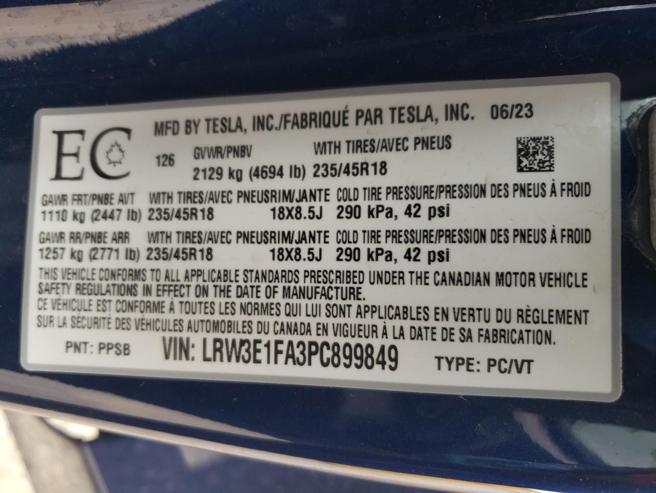 2023 TESLA MODEL 3 VIN:LRW3E1FA3PC899849