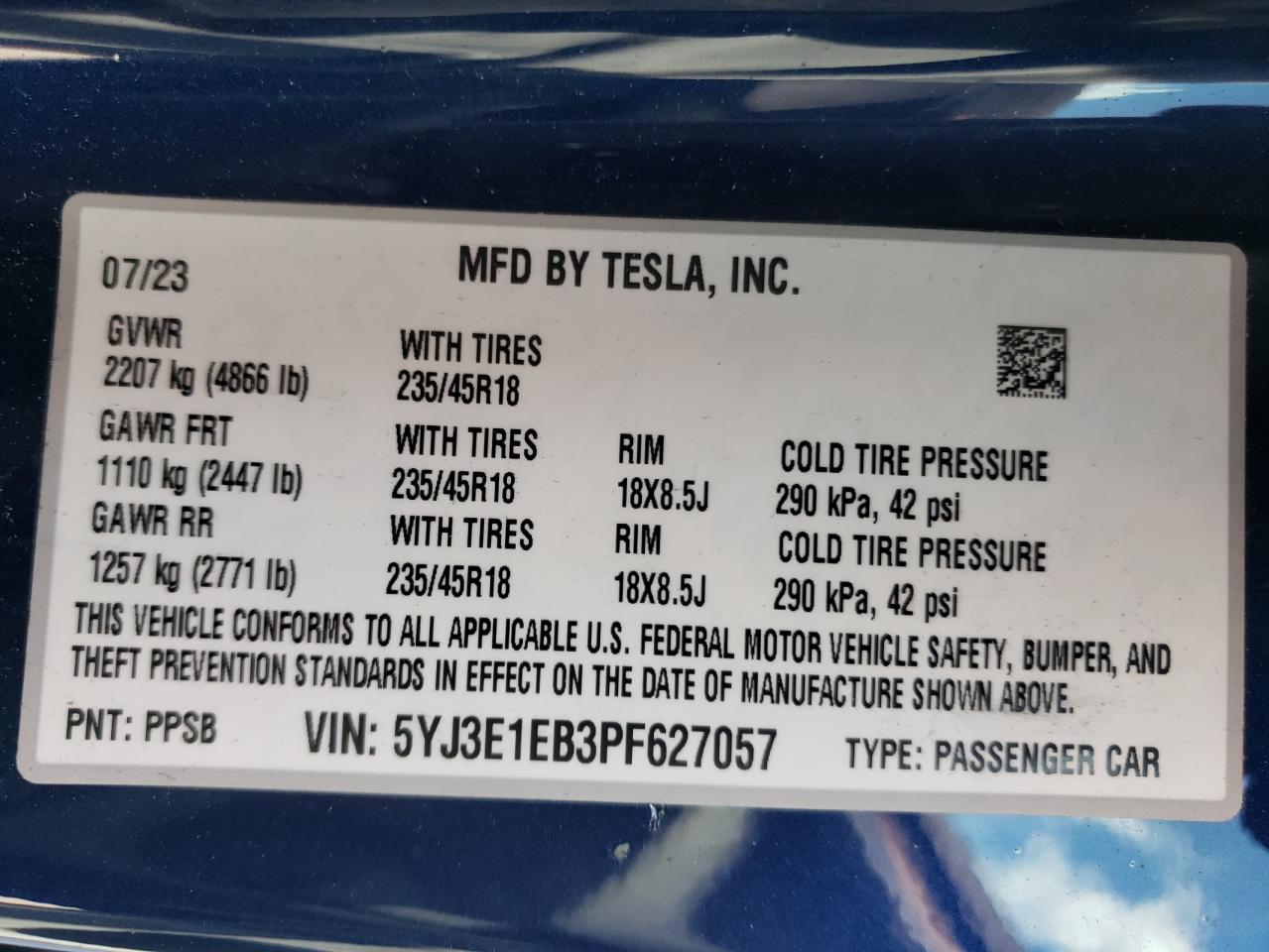2023 TESLA MODEL 3 VIN:5YJ3E1EB3PF627057