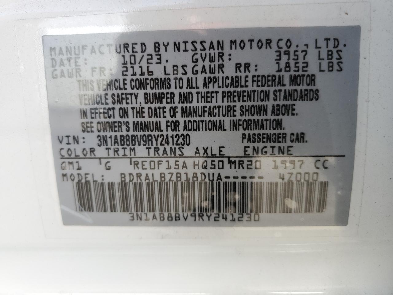 2024 NISSAN SENTRA S VIN:WP0AA2A8XNS255297