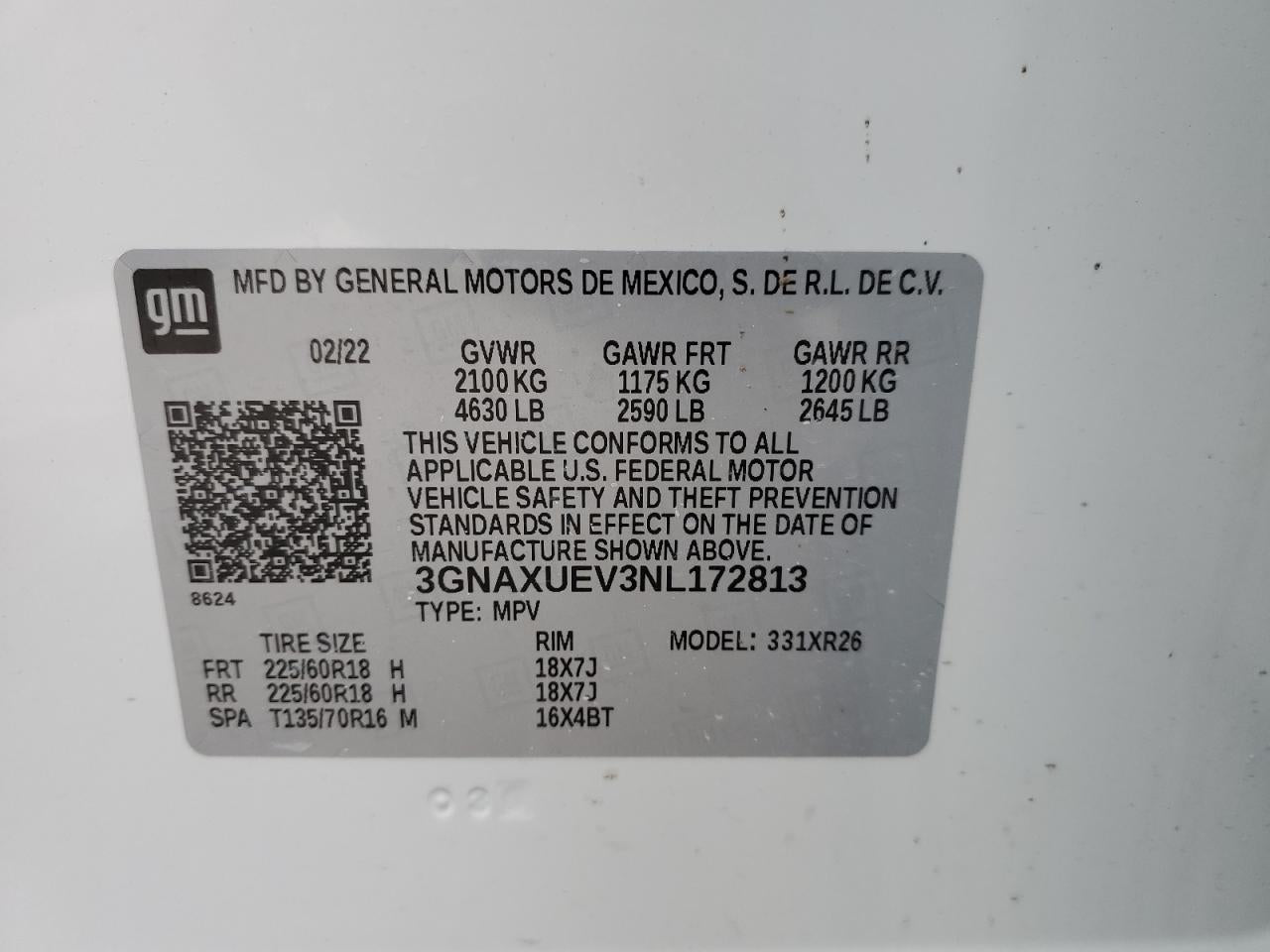 2022 CHEVROLET EQUINOX LT VIN:3GNAXUEV3NL172813