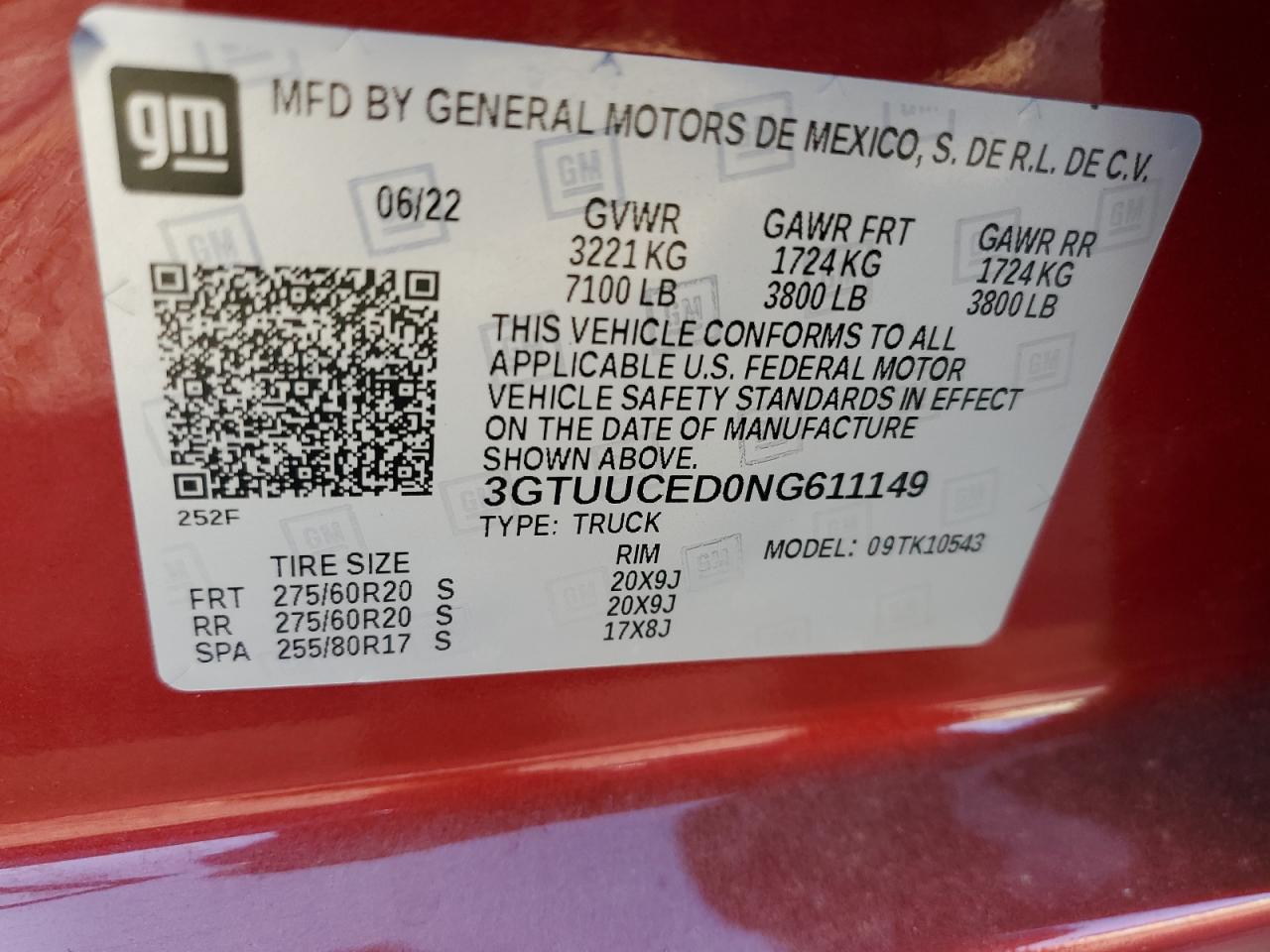 2022 GMC SIERRA K1500 ELEVATION VIN:3GTUUCED0NG611149
