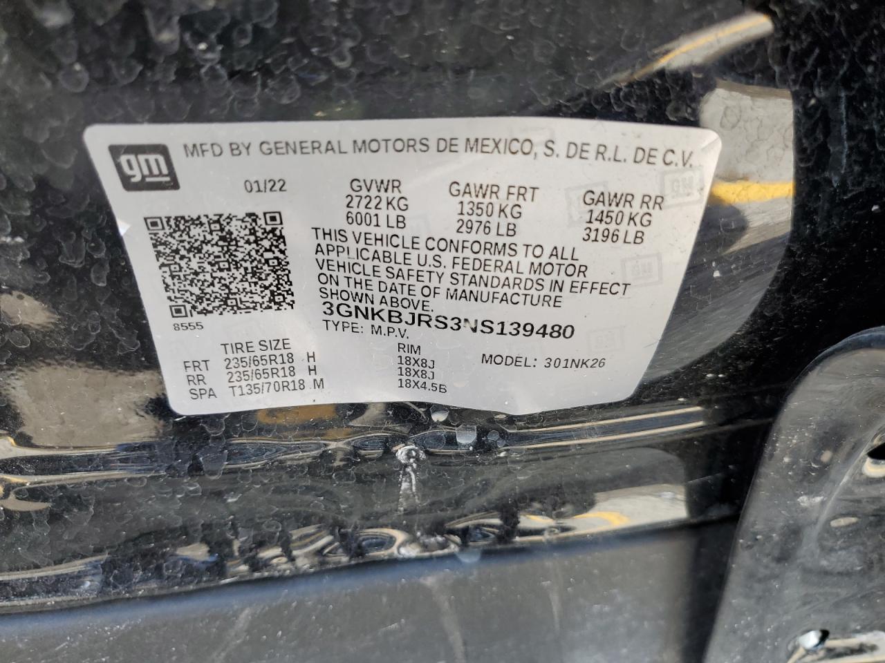 2022 CHEVROLET BLAZER 3LT VIN:3GNKBJRS3NS139480