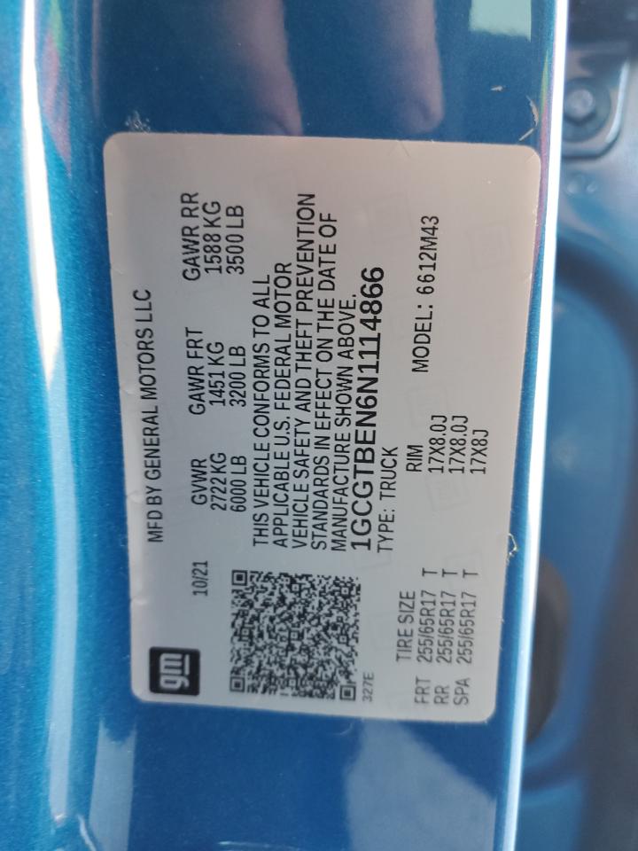 2022 CHEVROLET COLORADO VIN:1GCGTBEN6N1114866