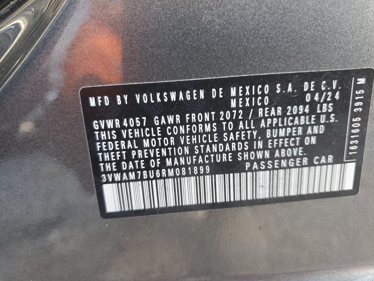 2024 VOLKSWAGEN JETTA SPORT VIN:3VWAM7BU6RM081899