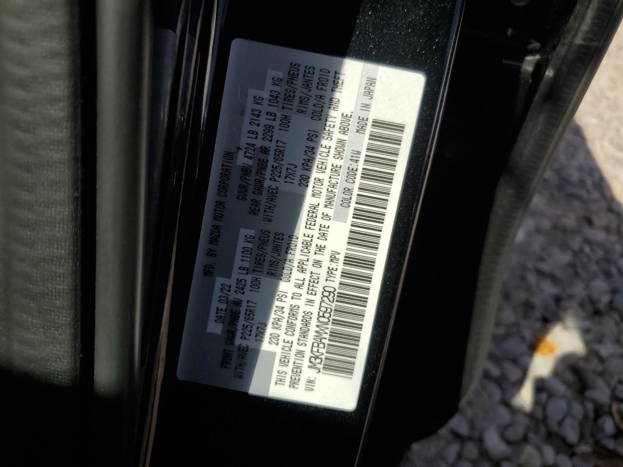 2022 MAZDA CX-5 VIN:JM3KFBAMXN0597290
