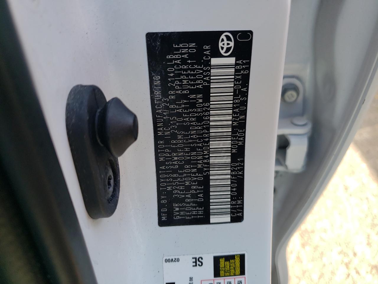 2024 TOYOTA COROLLA LE VIN:5YFB4MDE4RP106626