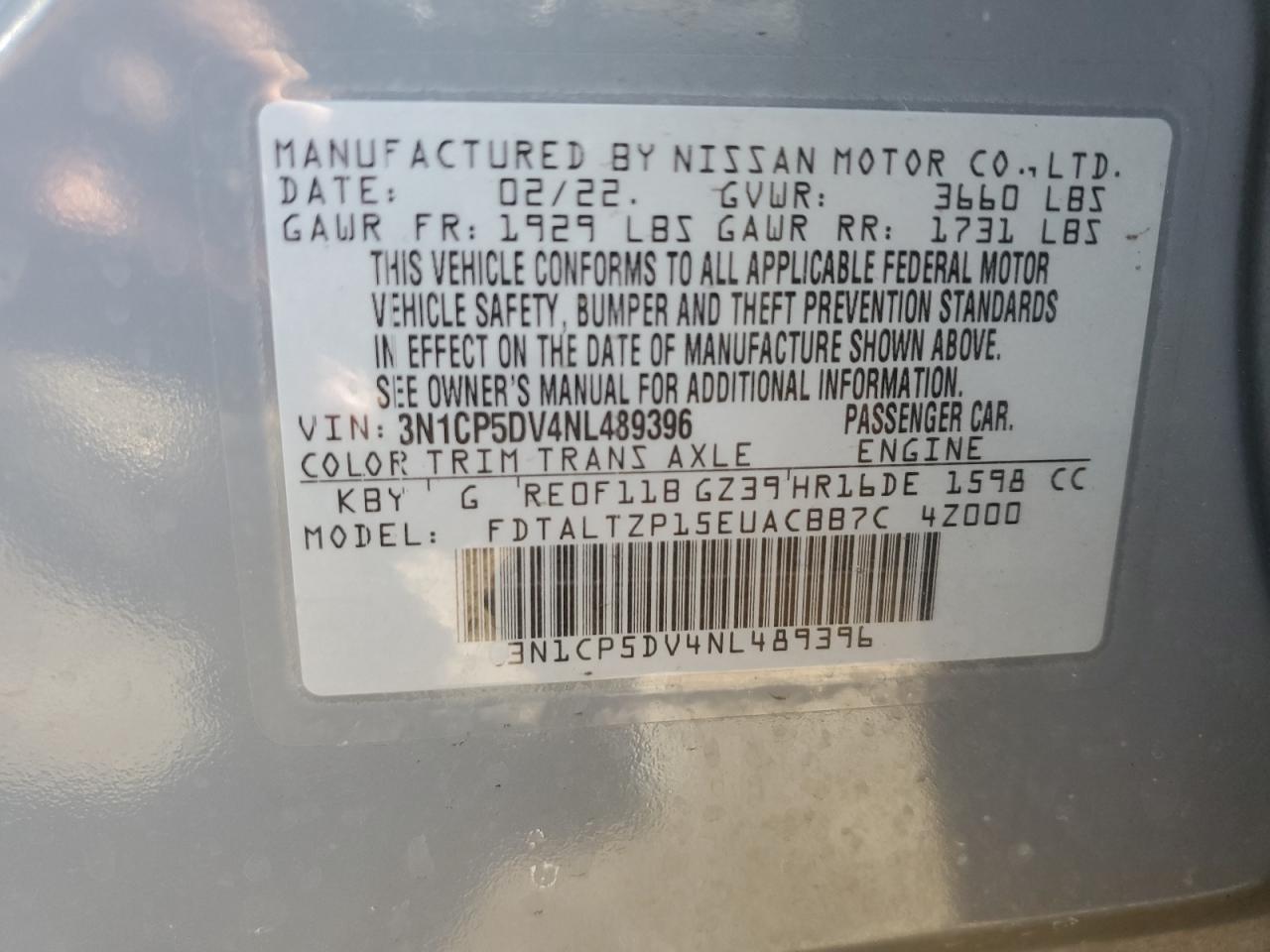 2022 NISSAN KICKS SR VIN:3N1CP5DV4NL489396