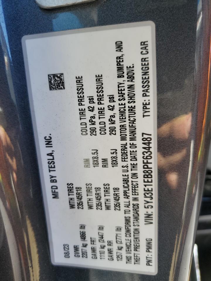 2023 TESLA MODEL 3 VIN:5YJ3E1EB8PF634487