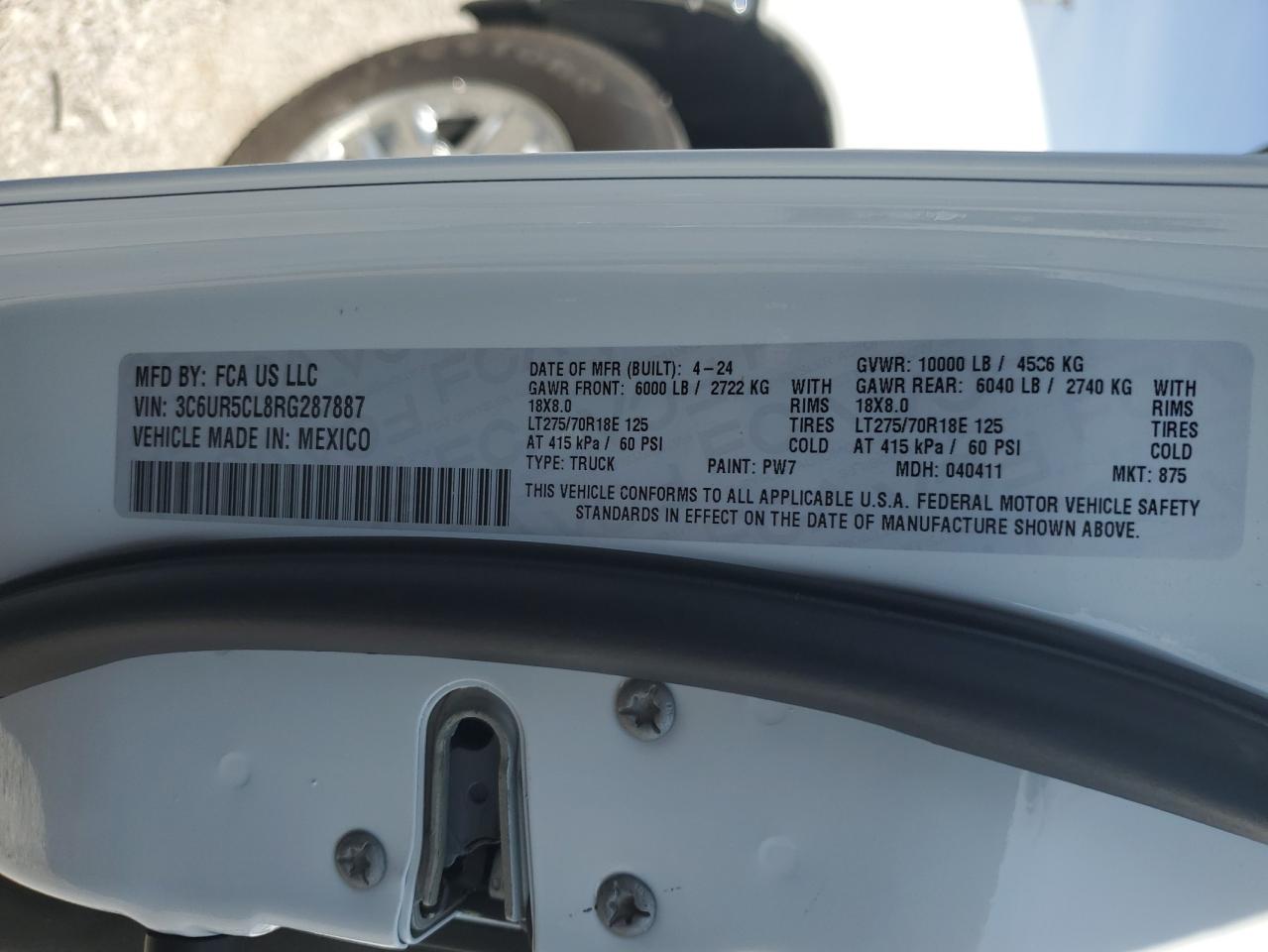 2024 RAM 2500 TRADESMAN VIN:3C6UR5CL8RG287887