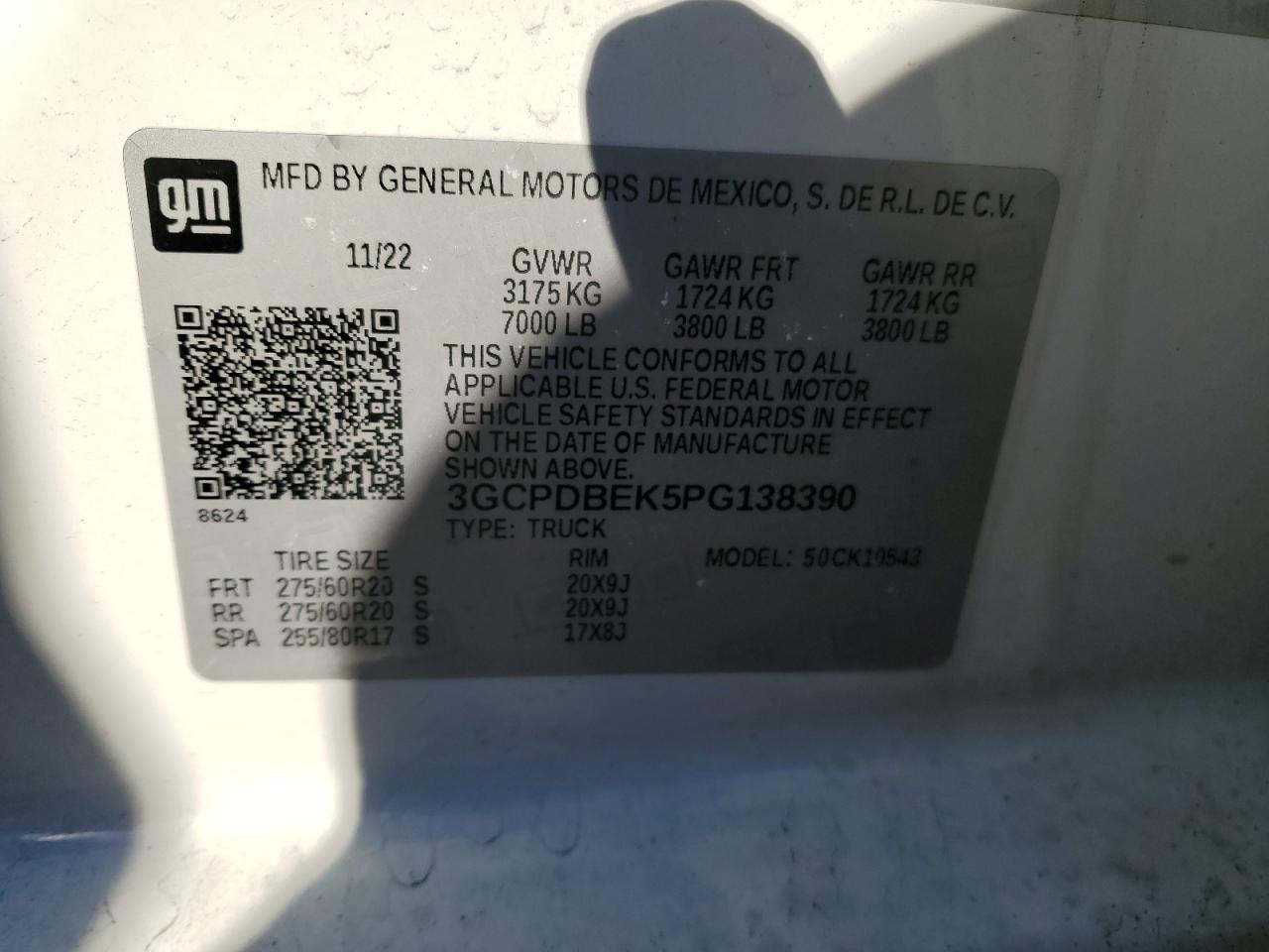 2023 CHEVROLET SILVERADO K1500 CUSTOM VIN:3GCPDBEK5PG138390