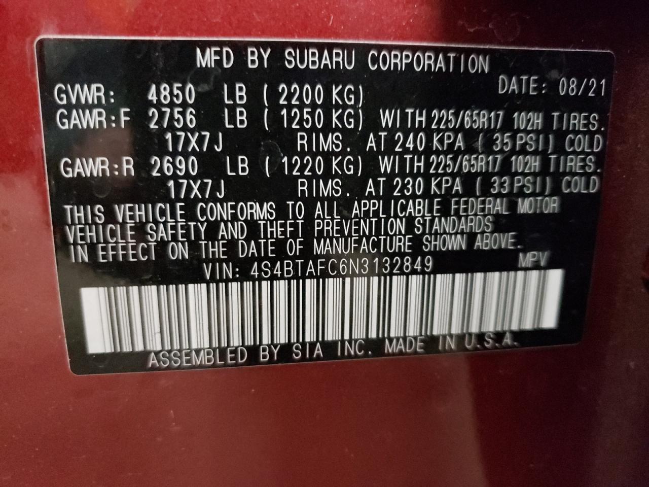 2022 SUBARU OUTBACK PREMIUM VIN:4S4BTAFC6N3132849