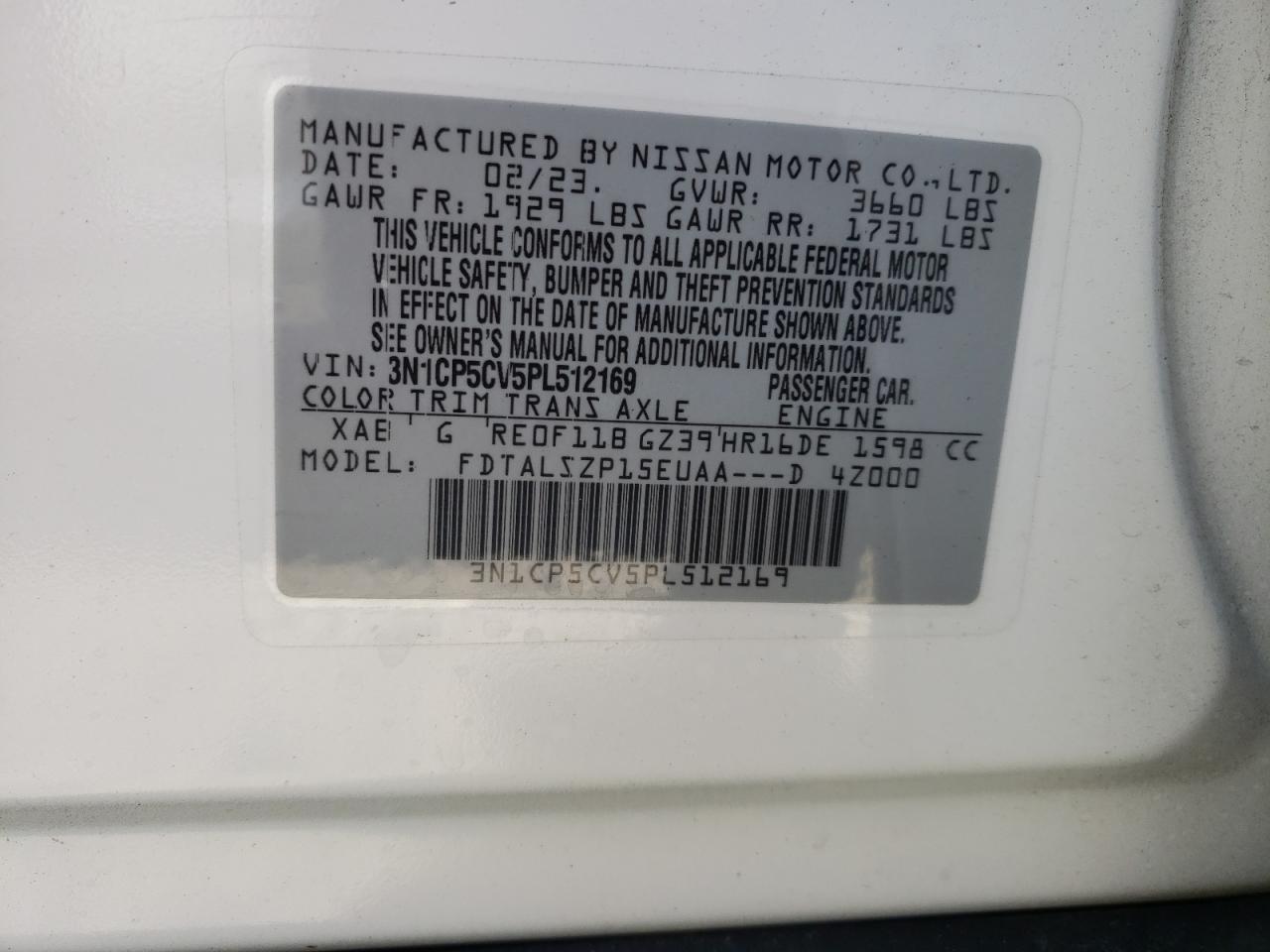 2023 NISSAN KICKS SV VIN:3N1CP5CV5PL512169