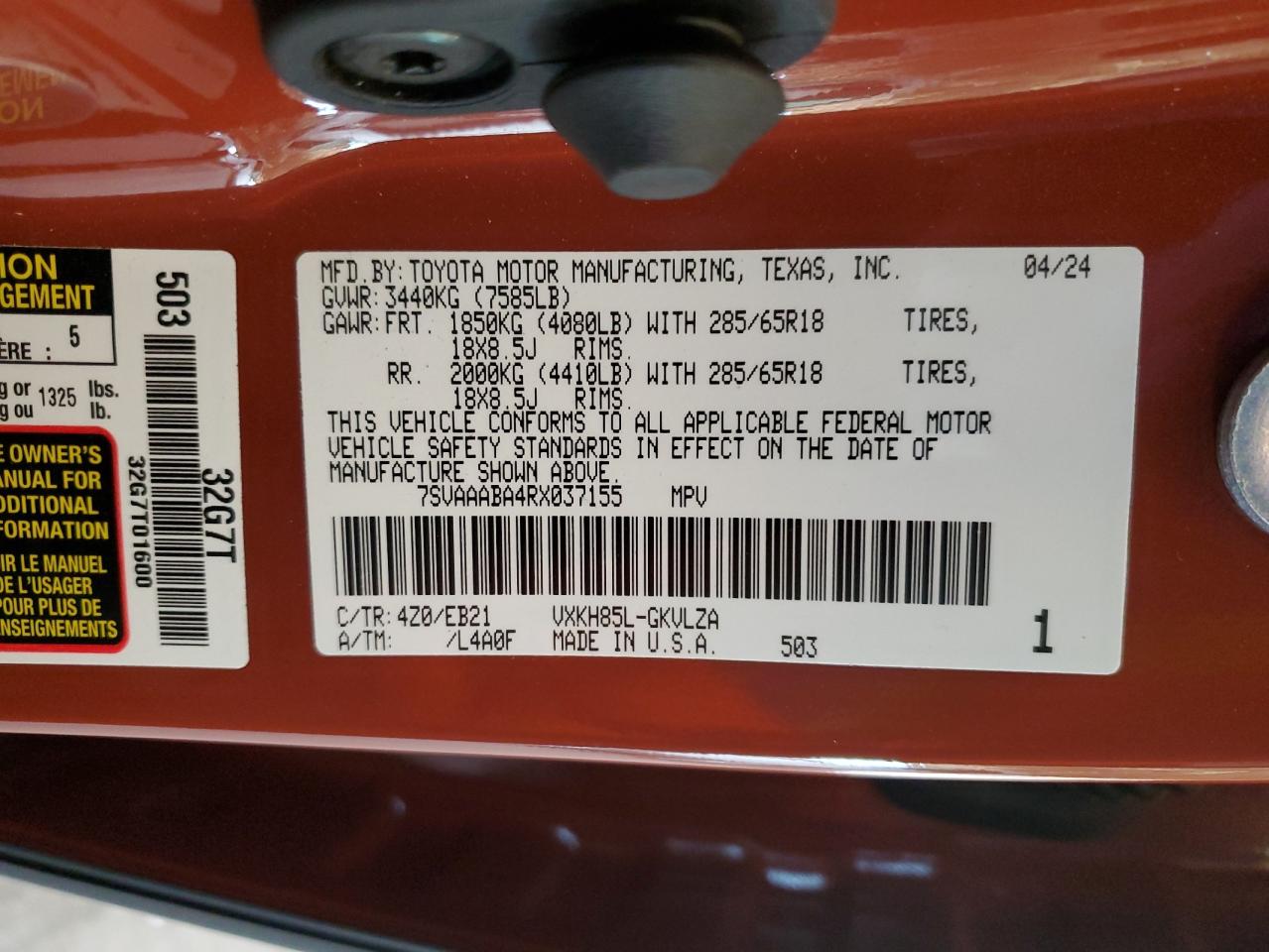 2024 TOYOTA SEQUOIA SR5 VIN:7SVAAABA4RX037155