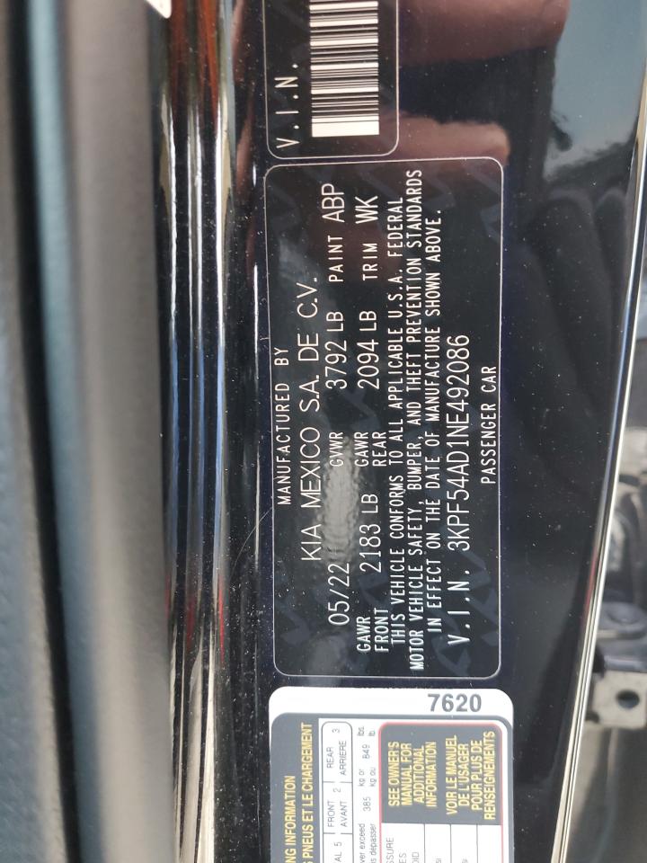 2022 KIA FORTE GT LINE VIN:3KPF54AD1NE492086