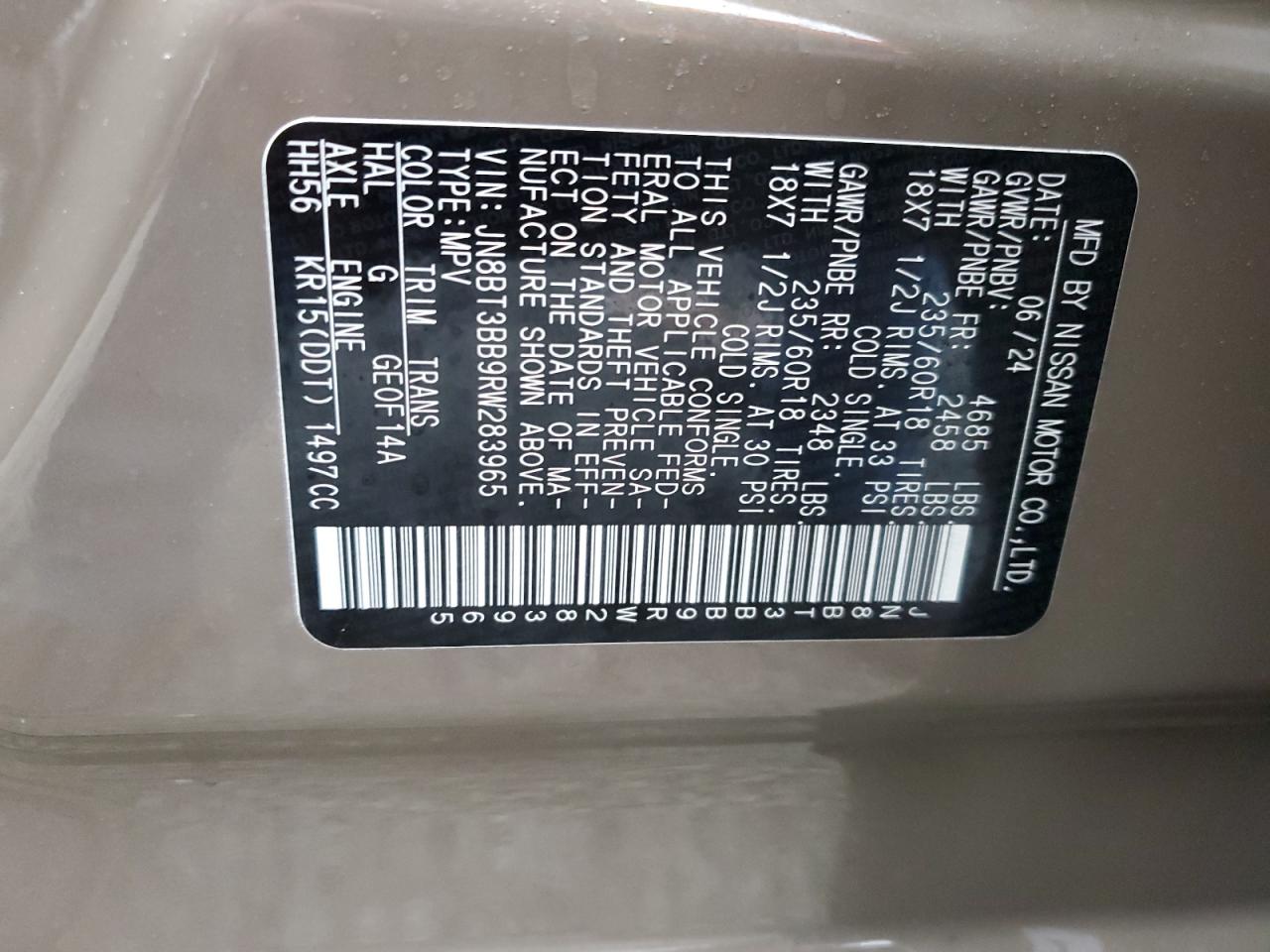 2024 NISSAN ROGUE SV VIN:JN8BT3BB9RW283965