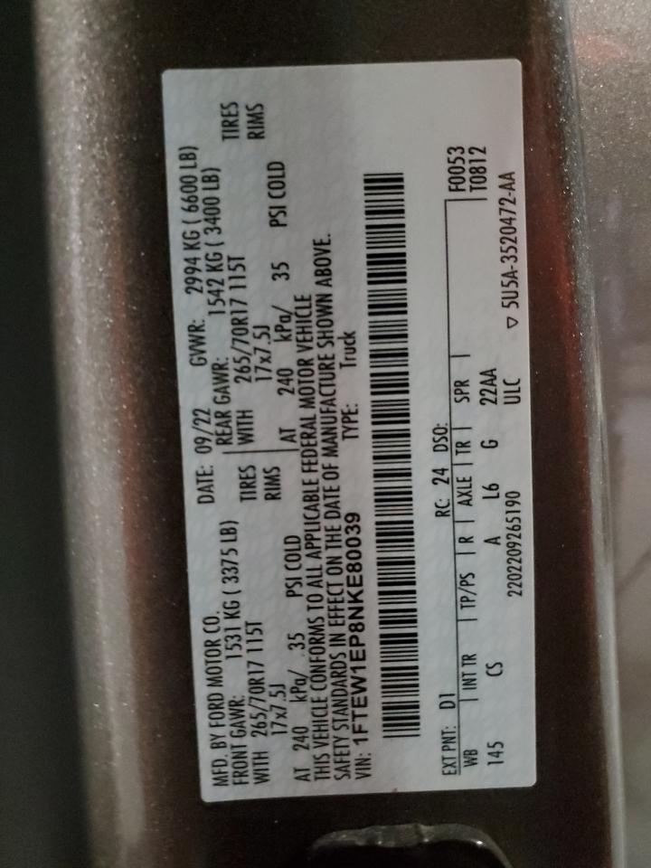 2022 FORD F150 SUPERCREW VIN:1FTEW1EP8NKE80039