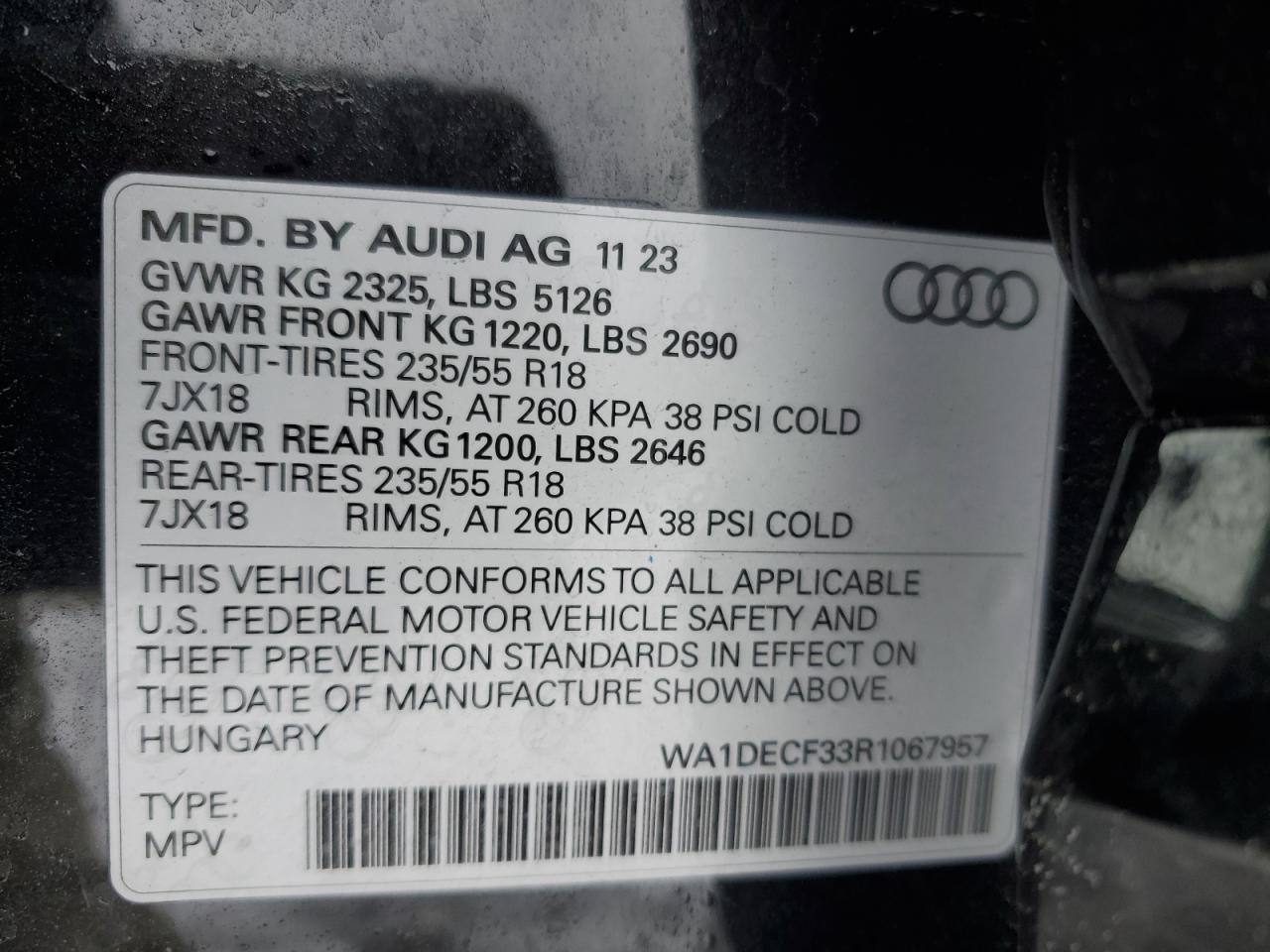 2024 AUDI Q3 PREMIUM S LINE 45 VIN:WA1DECF33R1067957