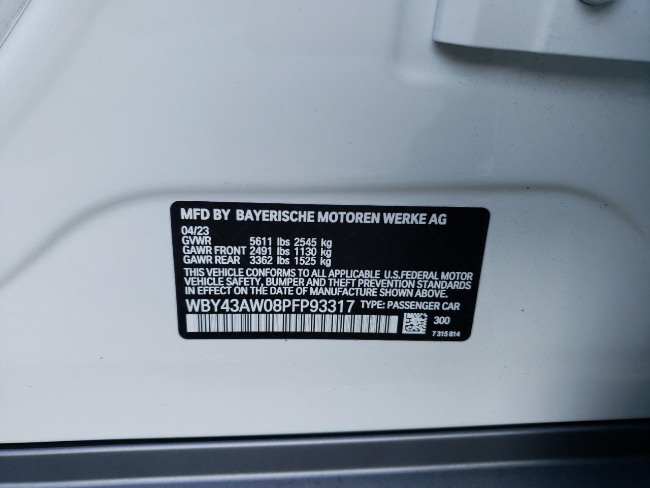 2023 BMW I4 EDRIVE35 VIN:WBY43AW08PFP93317