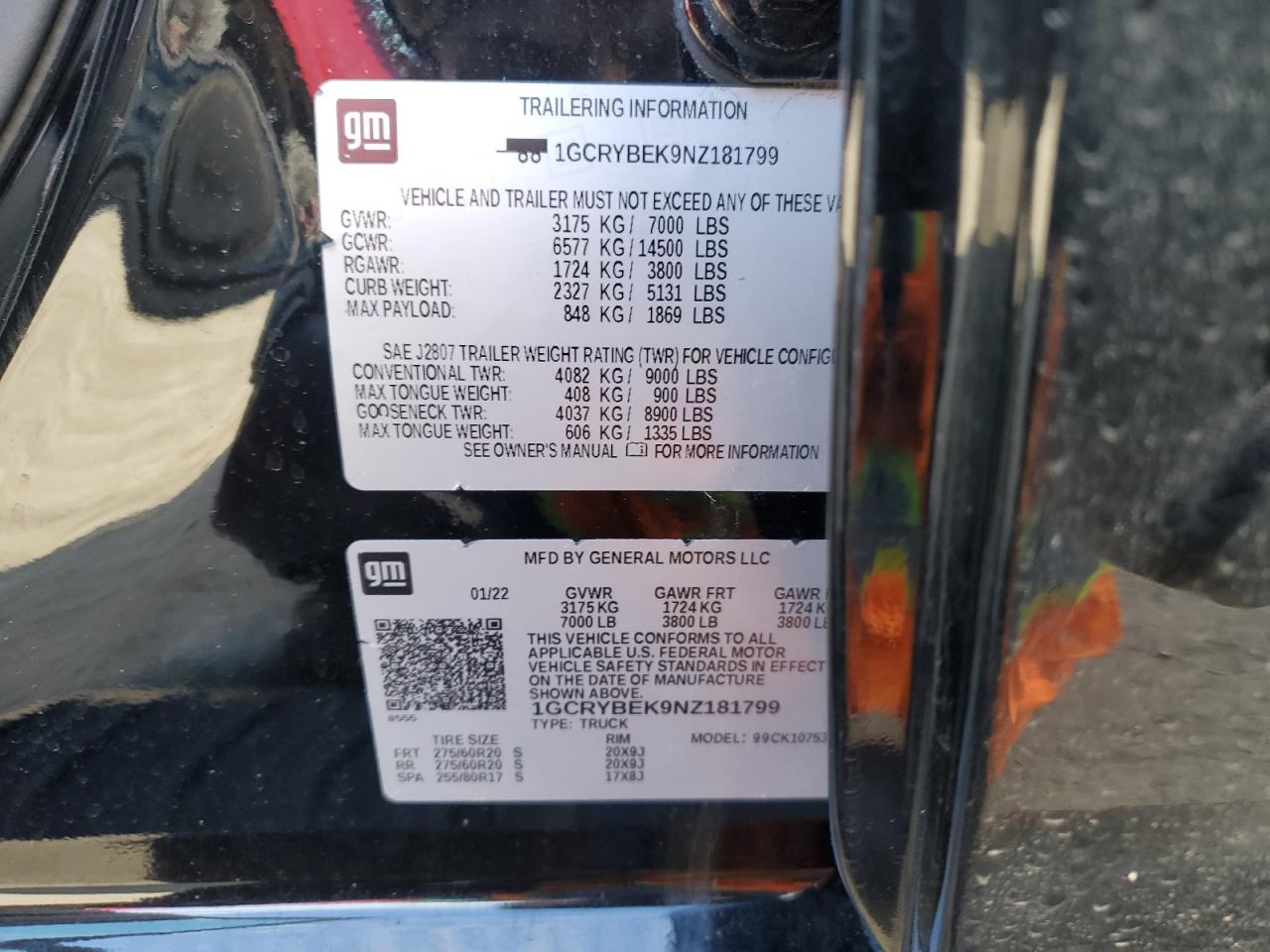 2022 CHEVROLET SILVERADO LTD K1500 CUSTOM VIN:1GCRYBEK9NZ181799