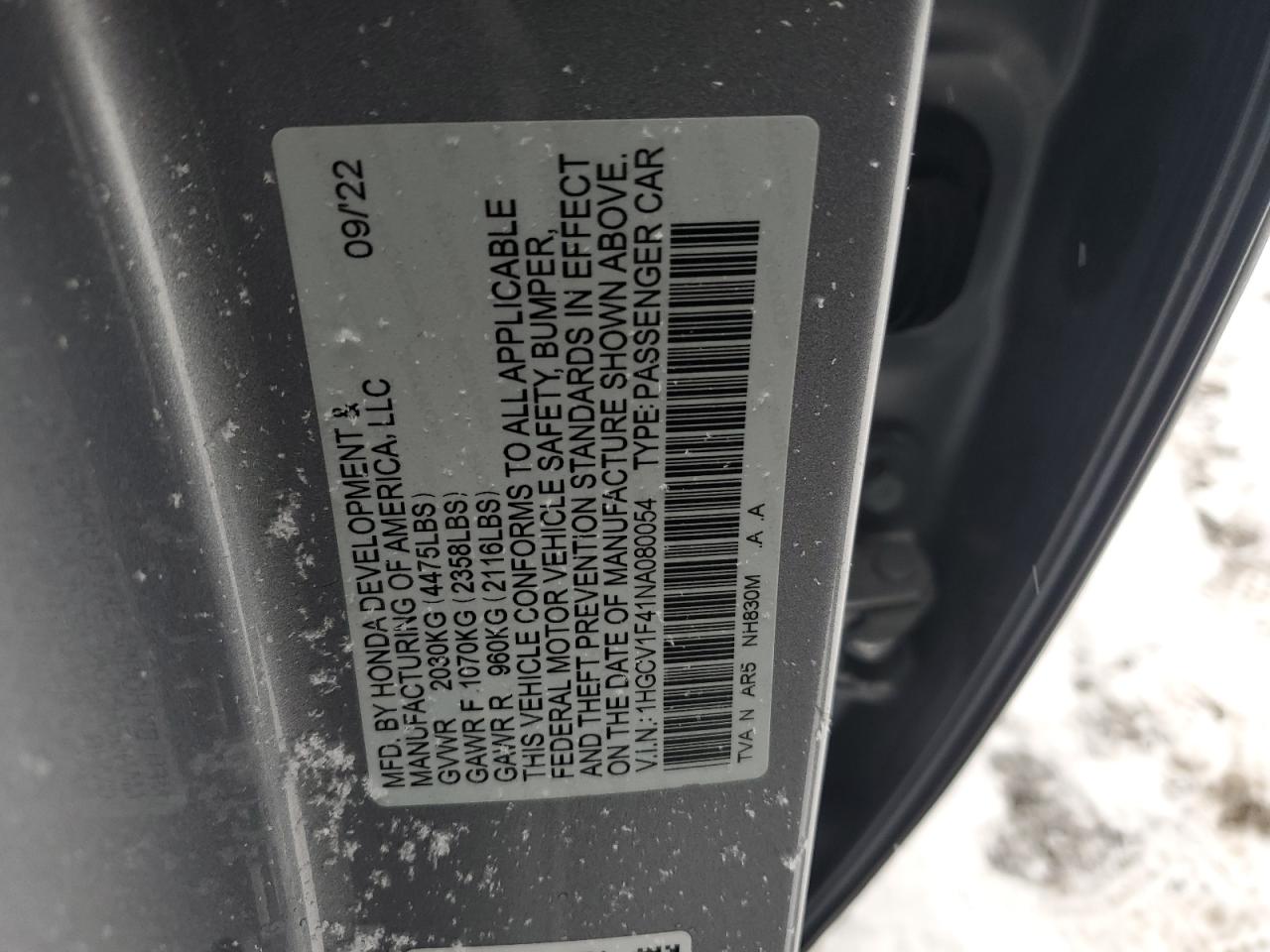 2022 HONDA ACCORD SPORT SE VIN:1HGCV1F41NA080054