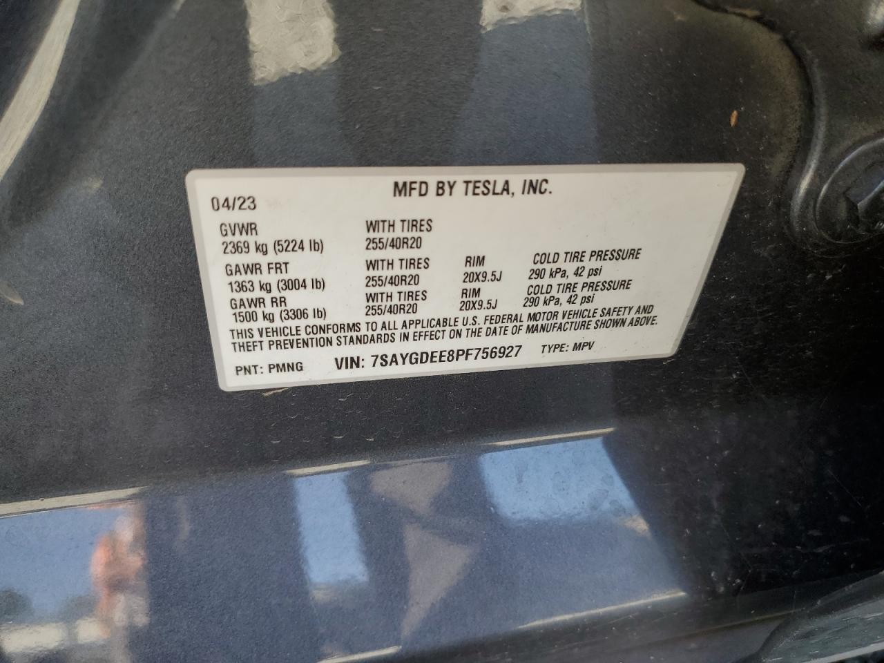 2023 TESLA MODEL Y VIN:7SAYGDEE8PF756927
